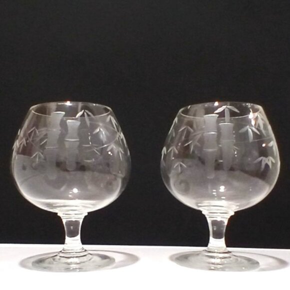 Vintage 70s Noritake Etched Glass Brandy Snifters Set Of 2 Bamboo Japan Asian - Picture 1 of 4